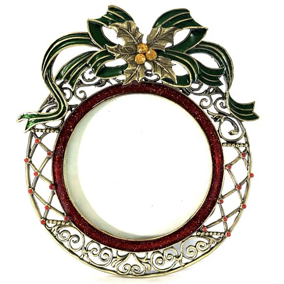 Sunflower Designs Christmas Photo Frame Round 3” Photo Holly Bow Enamel - Picture 1 of 5